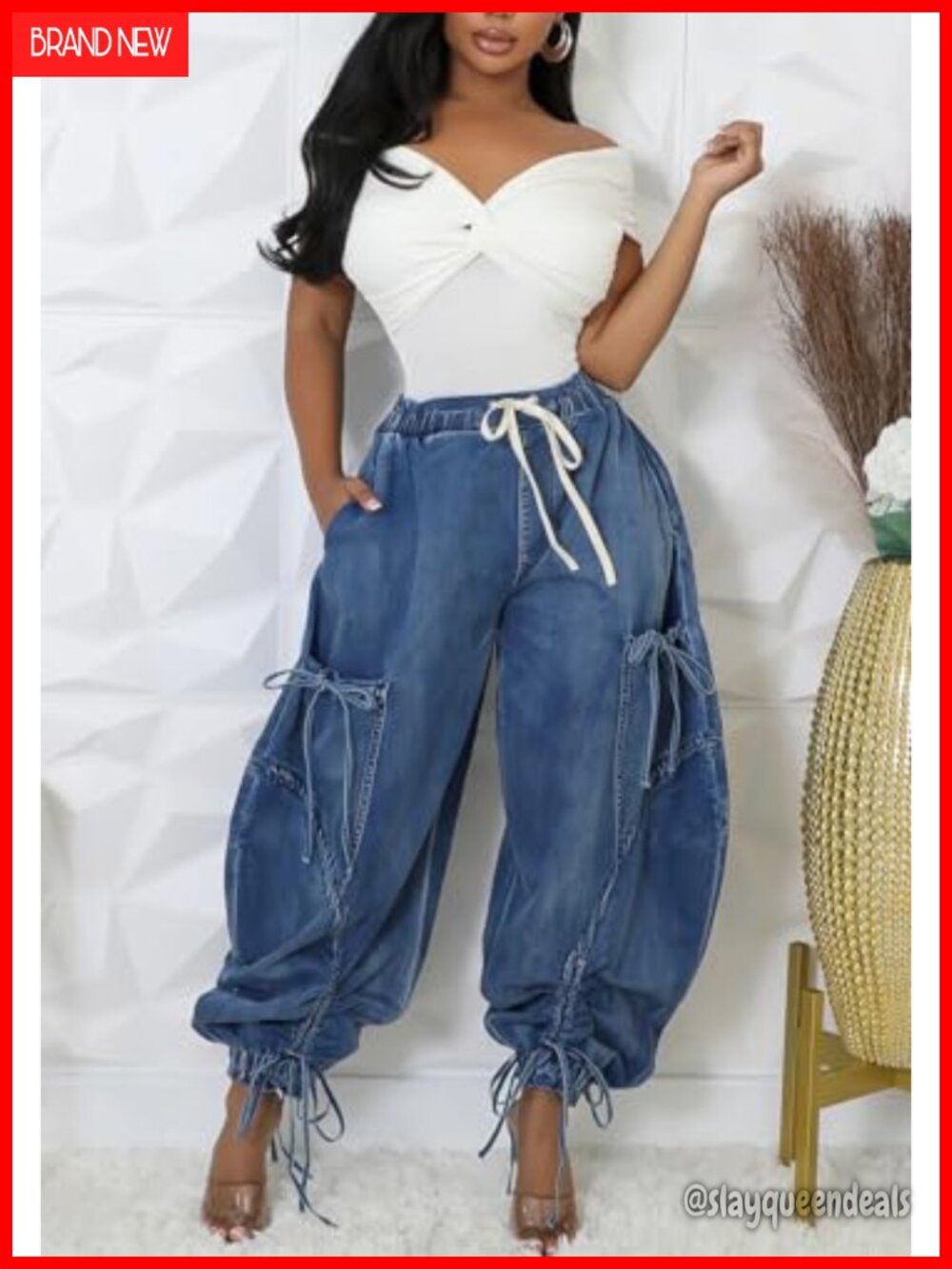 High Waisted Baggy Cargo Jogger Jeans Wide Leg Drawstring Pockets Loose Harem - Picture 5 of 7